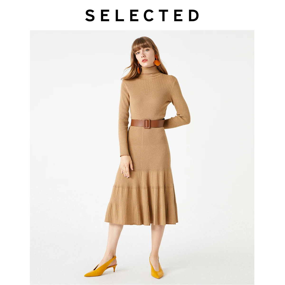 Женское трикотажное платье с зонтиком средней длины S | 419446505 - Цвет: CAMEL