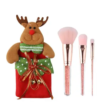 

1 Set of Synthetic Fiber Cosmetic Brush Quicksand Transparent Handle Beautiful Makeup Kit with Green Tree Deer Design Bag Size M