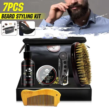 

7 Pcs/set Beard Suit Beard Comb Brush Cream Oil Beard Styling Hair Growth Care Cleaning Kit Hair Loss Products for Soft Cleanse