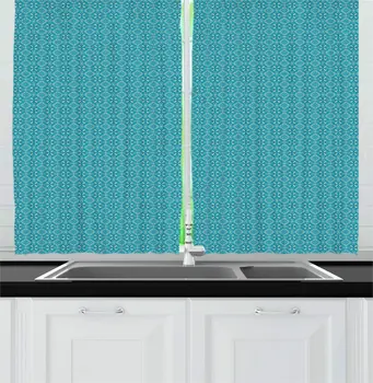 

Dark Turquoise Champagne Abstract Kitchen Curtains Rhythmic Geometric Floral Print Vivid Aquatic Tones Window Drapes