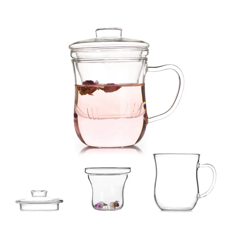Coffee Tea Mug With Infuser Filter And Lid Transparent Water Clear Glass Cup Set 