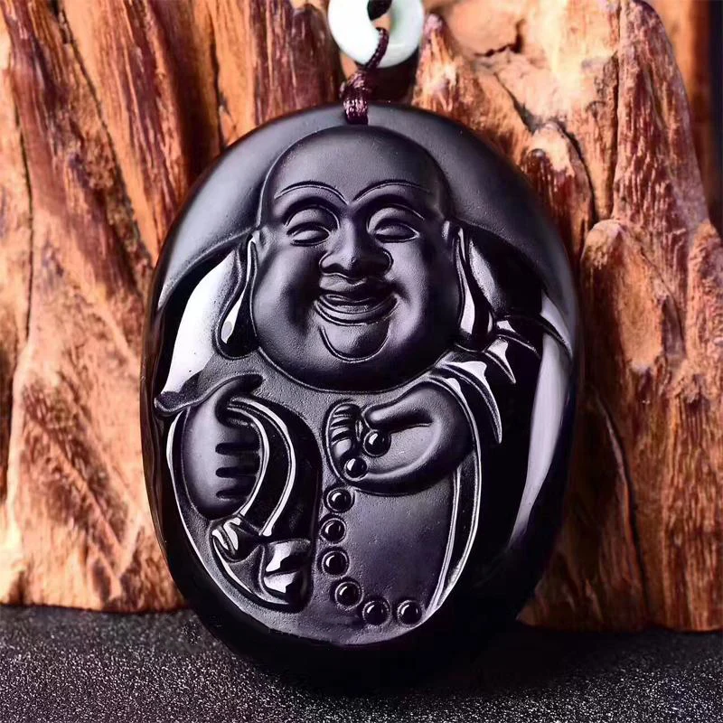 Открытый свет натуральный черный камень Будда кулон ожерелье