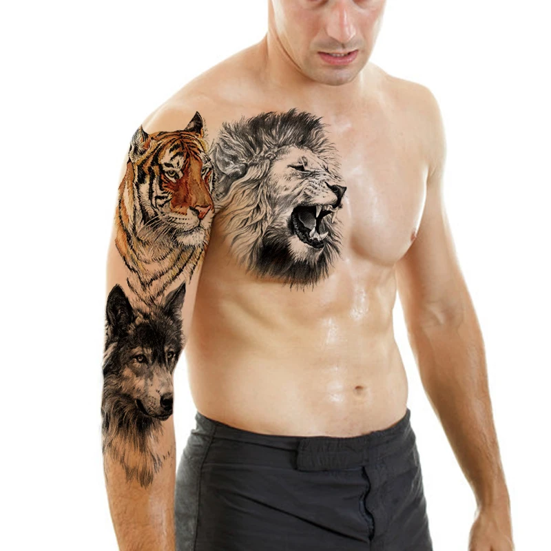 Black Lion Tiger Temporary Tattoo Sticker For Women Men Wolf Beast Body Art Fake Tatoo Optional joining together | Красота и здоровье