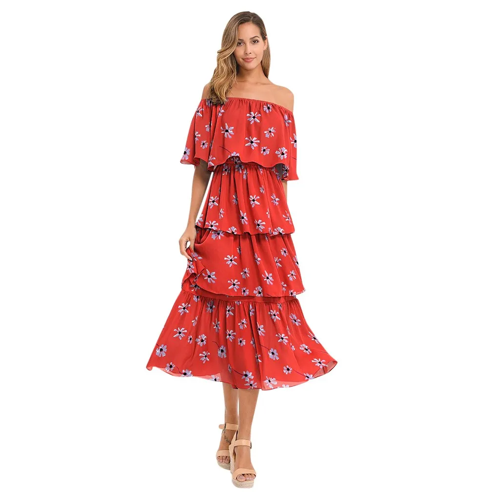 dress fashion women dress Women Off Shoulder Short Sleeve Printed Dress Cake Dress Beach Long Dress платье женское Free Shipping