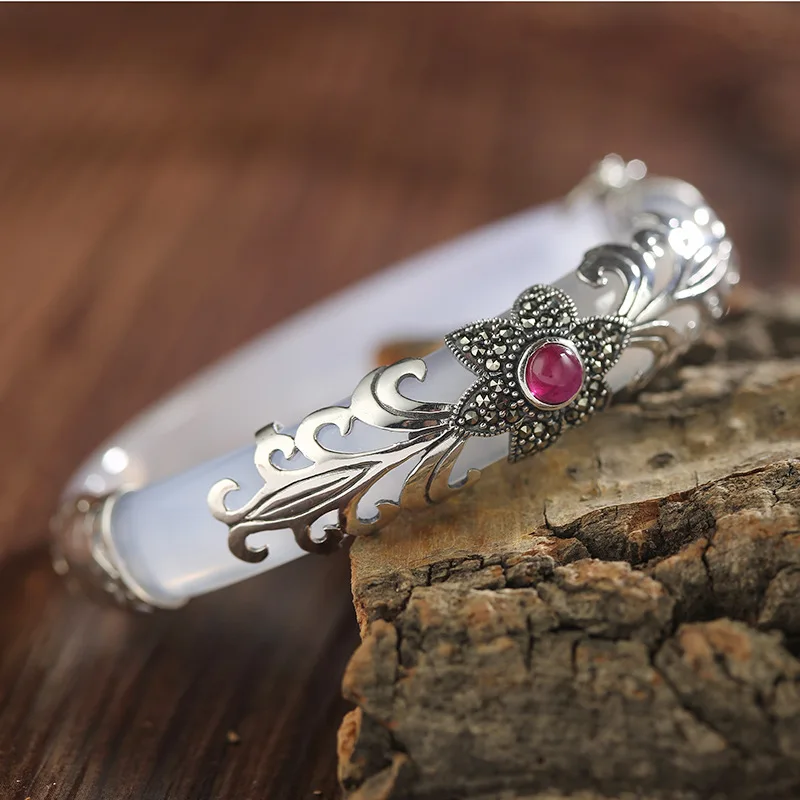 

S925 sterling silver braceket bangle for women mosaic jade retro wishful decoration white green chalcedony jade bracelet