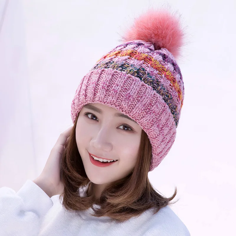 

2020 New Fashion Warm Winter Women Hats Women's Thick Skullies Female Rochet Hairball Striped Knitting Hats Casual Beanies