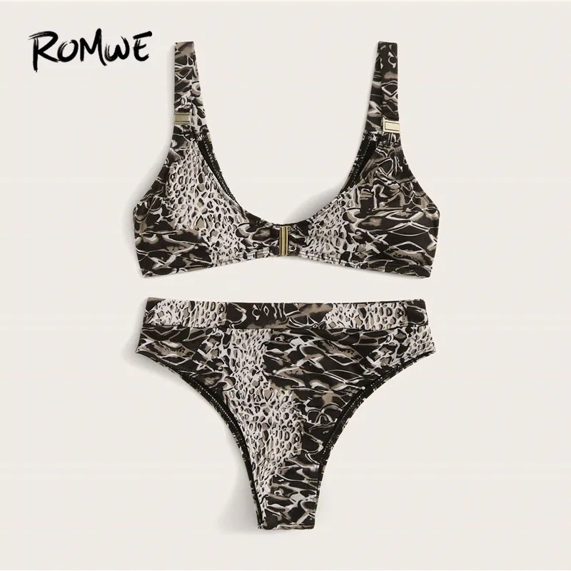 Romwe спортивный комплект бикини из змеиной кожи с случайным принтом и высокой талией, сексуальный купальник для женщин, Мягкий беспроводной пляжный купальник
