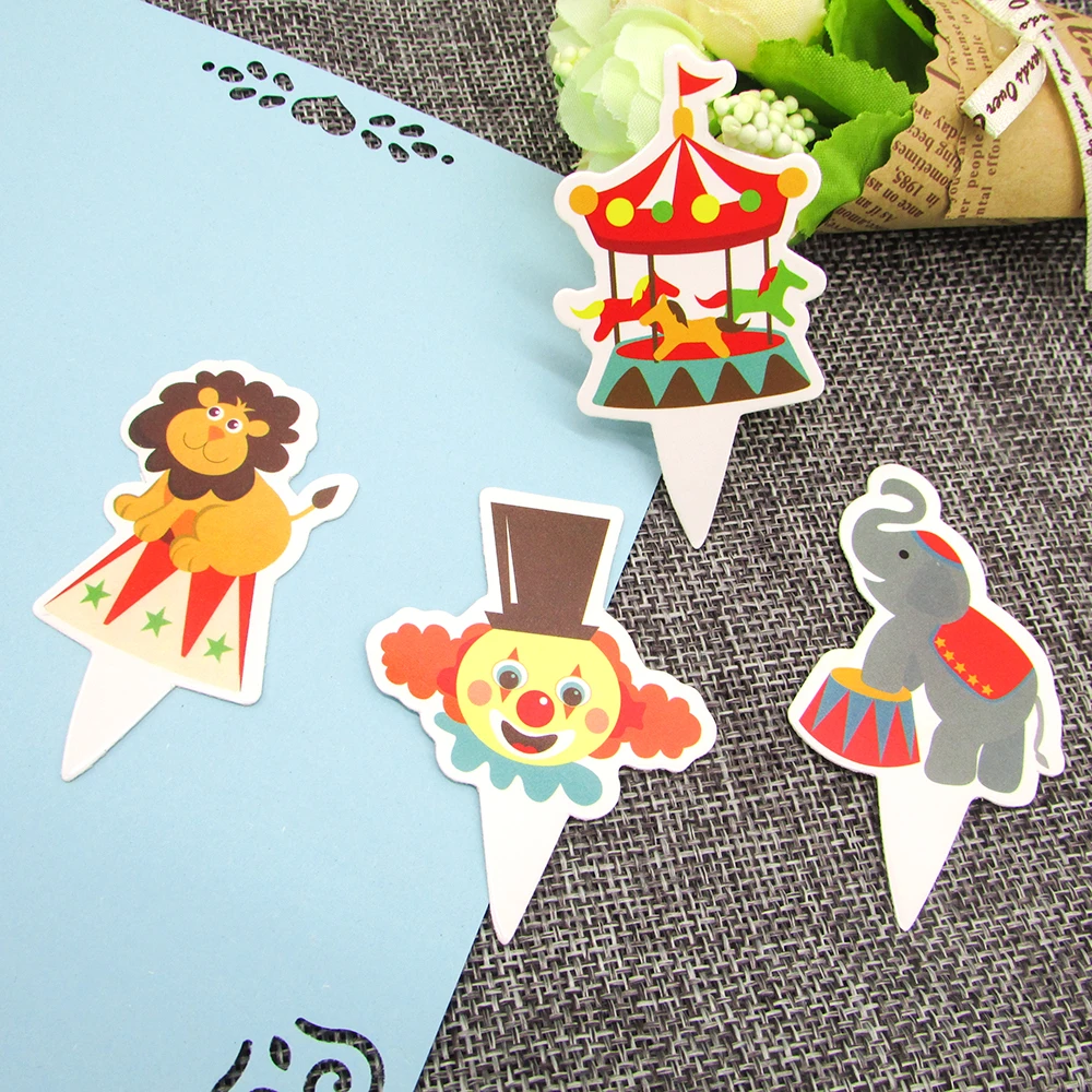 cupcake topper x48pc Цирк украшения для тематических вечеринок Полосатое Животные одноразовая посуда комплект пластины чашки Детская футболка с принтом масок День рождения поставки радостным - Цвет: cupcake topper x48pc