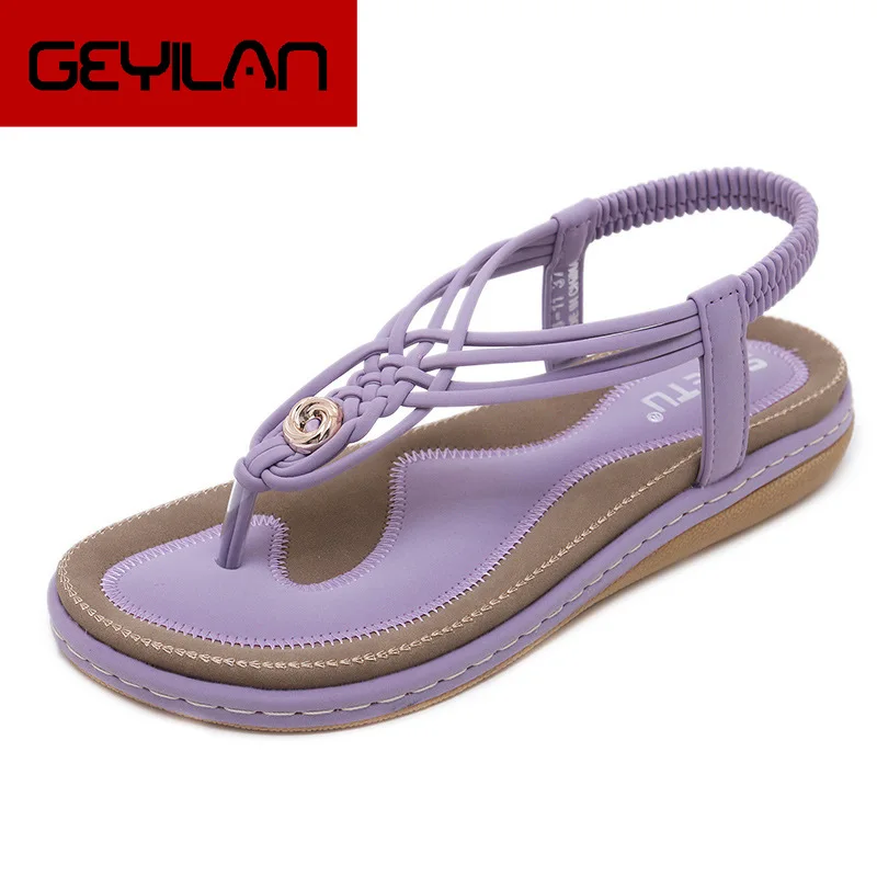 

New Fashion Multipurpose Female Sandal Simple Solid Color Elastic Band Flat Shoes With Gold Button Teenager Girls Sandals Summer