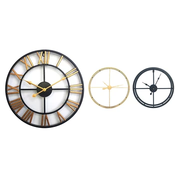 

1Pcs Wall Decoration Wrought Iron Alarm Clock Retro Wall Clock 3D Round Roman Hollow Iron Bar Quiet Decorative Wall Clock
