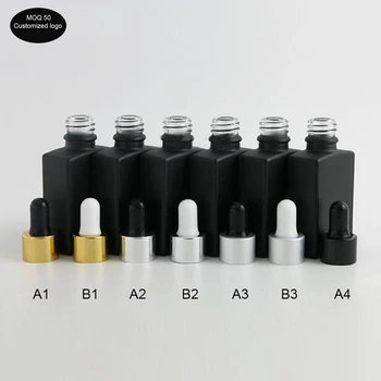 

50pcs/lot Frosted square flat black bottle 30ML essential oil bottled glass bottle power distribution aluminum tip dropper