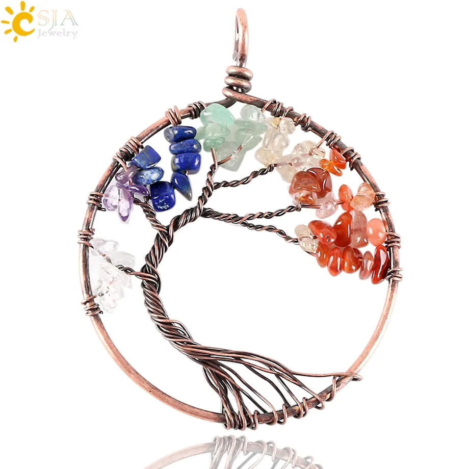 Wholesale 7 Chakra Crystal Pendant Necklace Natural Yoga Tree Life Healing Quartz Stone Jewelry Women Gift + Leather Chain New | Украшения