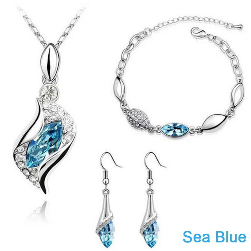 Sea Blue Новое поступление, серебряные ювелирные наборы, роскошные капли воды, голубой розовый прозрачный кубический циркон, кристалл, ожерелье, браслет, серьги, ювелирные изделия - Окраска металла: Sea Blue