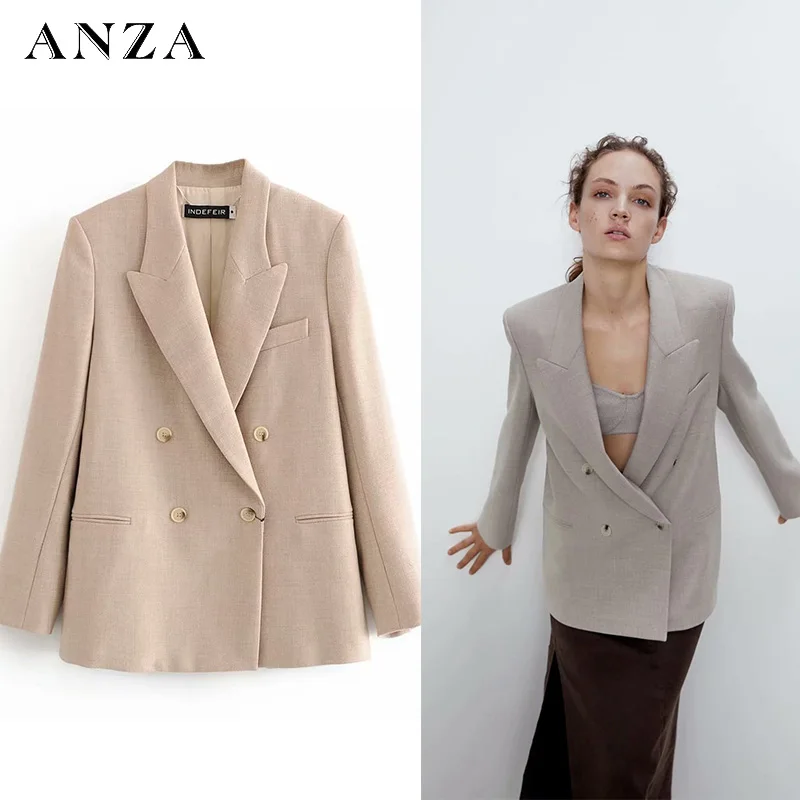 Женский двубортный Блейзер Za Повседневная Свободная куртка оверсайз с карманами