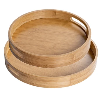 

Round Serving Tray with Handles - Wooden Bamboo Circle Tray for Coffee Table, Food, Ottoman