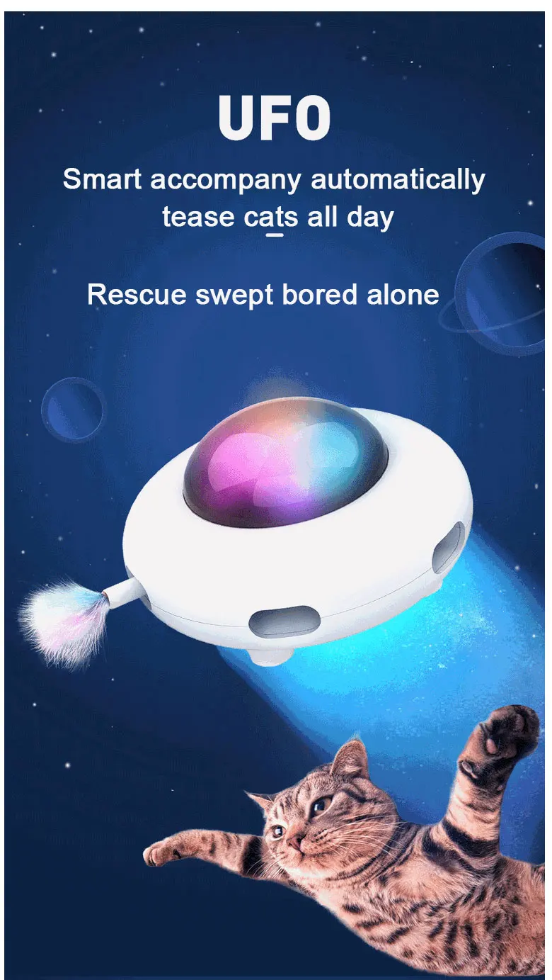 Inteligente, tocadiscos UFO oscilación automática juguetes cachorro gato dirección eléctrica juguete de persecución para mascotas de carga USB interactivo juguetes con plumas