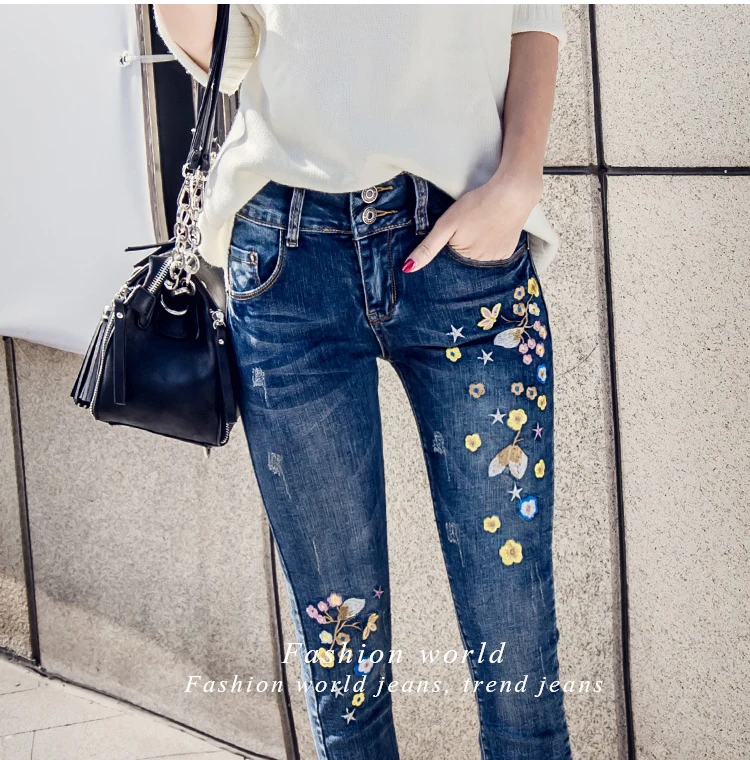 Осенние женские джинсы с цветочной вышивкой Pantalon Femme женские джинсы облегающие, брюки зимние джинсовые штаны джинсы-Карандаш Стретч WICCON