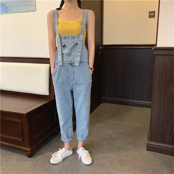 

Loose Overalls Women Jeans With Shoulders Straps Ankle-length Denim Pants Pocket One Piece Boyfriend College Style Spring 2020