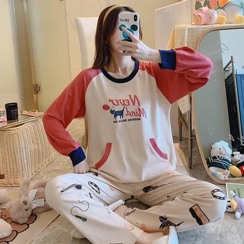 

Pyjamas Women 2020 Autumn Long sleeve Cotton Home clothes Women night suit Two Piece plus size Sleepwear Ladies Pajamas Set 2XL