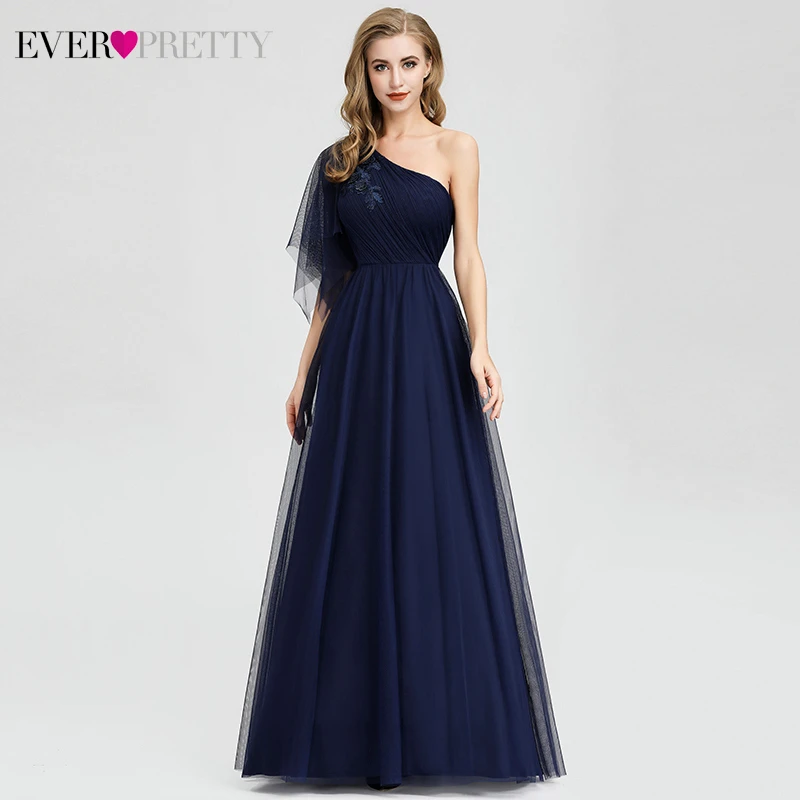 

Elegant Navy Blue Evening Dresse Long Ever Pretty A-Line One Shoulder Beaded Tulle Cheap Formal Party Gowns Abiye Gece Elbisesi