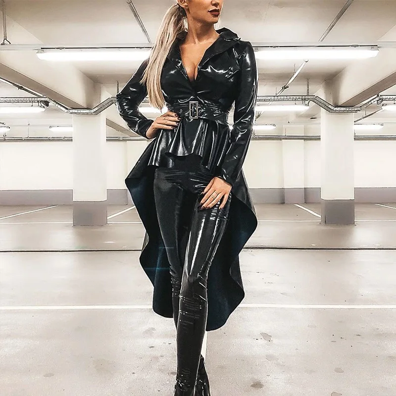 

Women Faux Leather Jakcet Coat Black PU Texedo Top Turn Down Collar Belt Female Coats 2020 Spring Autumn Ladies Fashion Jackets
