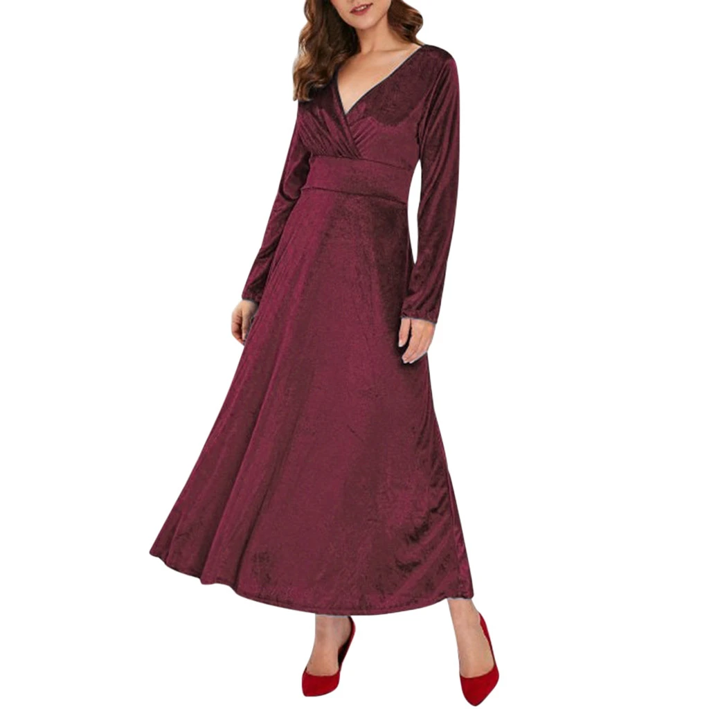 Autumn Women Dress Casual Full Sleeve V-Neck Ruched Dresses Thin Floral Solid Color Long Kaftan Dress Spring Ladies Girls 806