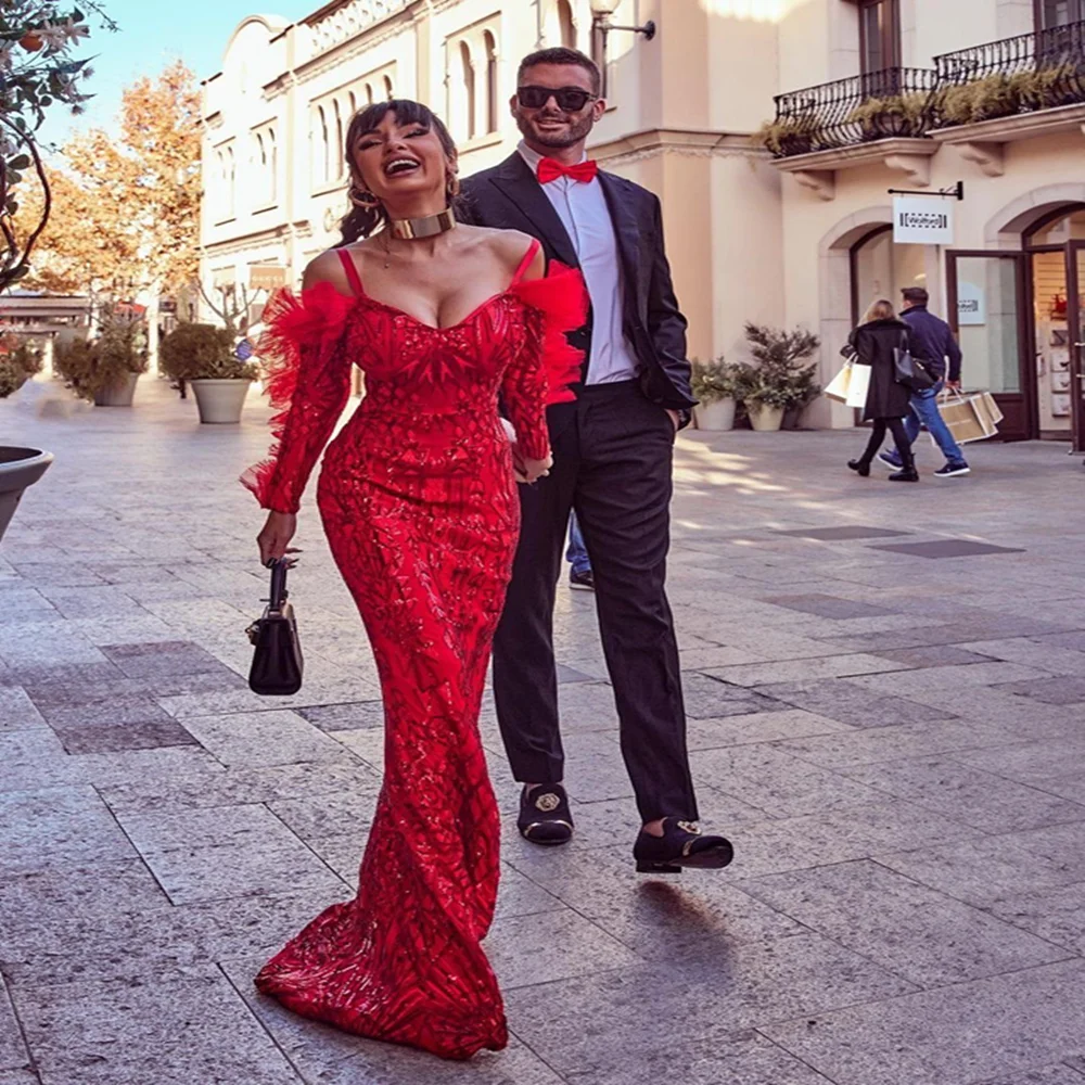 

New Fashion 2022 New Red Color Women's Long Sleeve Shinning Bodycon Long Tail Dress Wedding Evening Party Dress Vestido