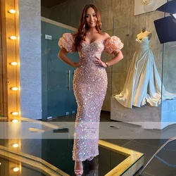 Sparkly Sequins Pink Evening Dresses Long 2021 Off The Shoulder Short Sleeves Prom Party Gown Sweetheart Glitter robes de soirée