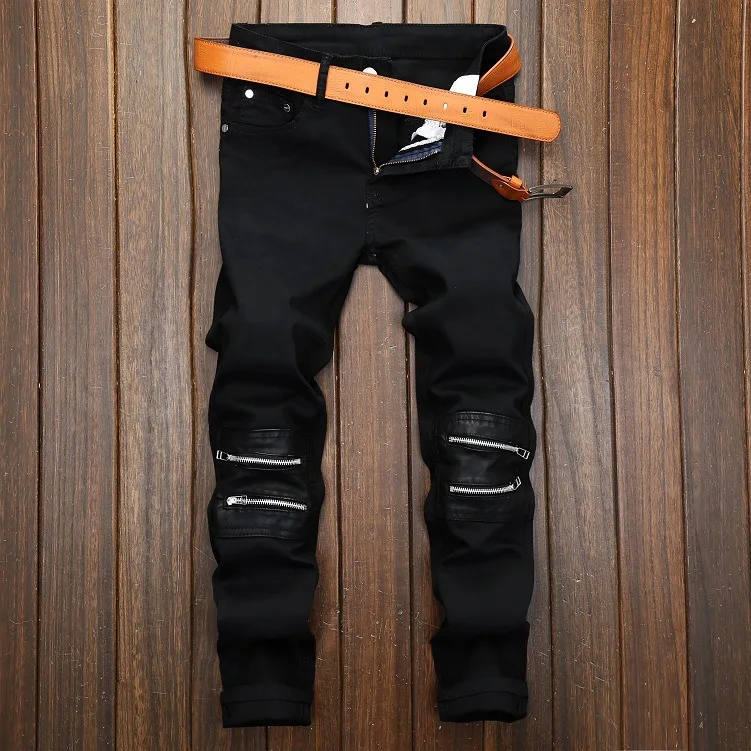 Idopy мужские джинсы в стиле хип-хоп с молнией до колена из искусственной кожи в стиле пэчворк, зауженные для ночного клуба в стиле панк черные