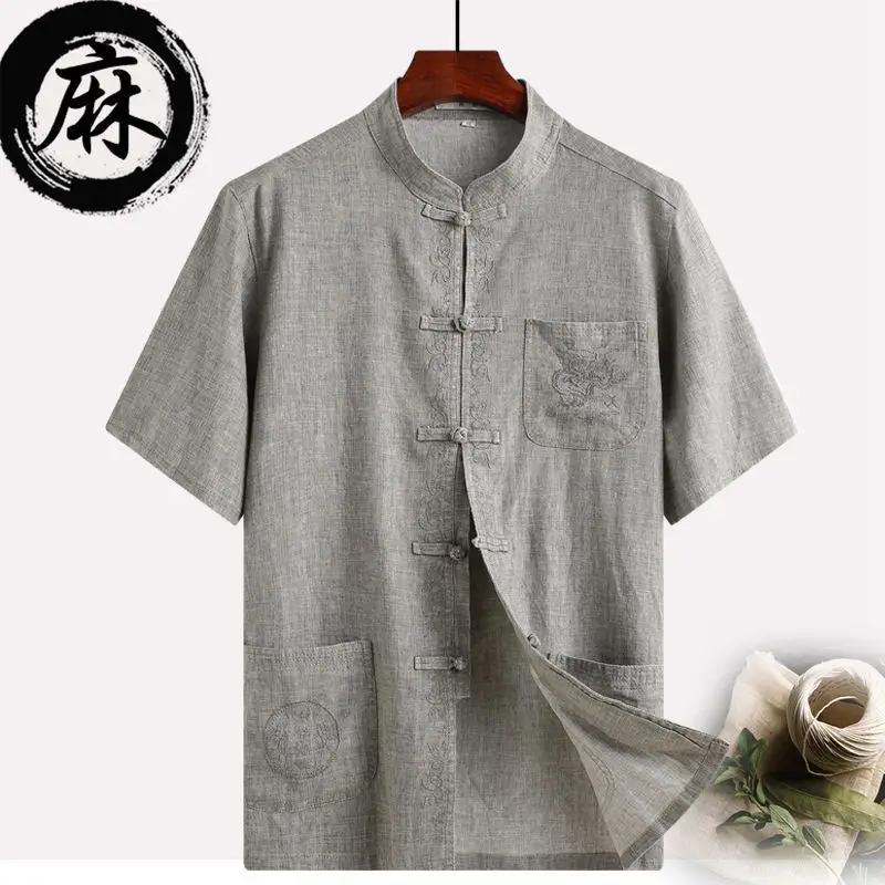 

Chinese-style Men's Wear Summer Flax Middle-aged Chinese Costume Men's Short-sleeve Shirt Cotton Linen Grandpa Summer Wear Chine