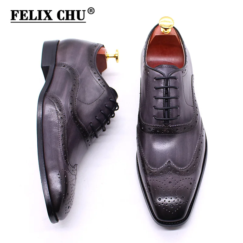 Size 7-13 Handmade Mens Wingtip Oxford Shoes Grey Genuine Leather Brogue Men's Dress Shoes Classic Business Formal Shoes for Men