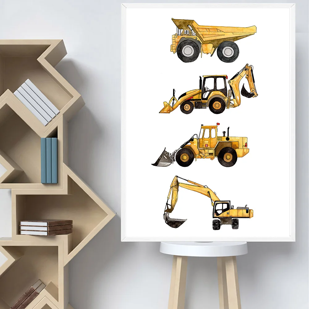 Leinwand Druck Bau Transport Aquarell Poster Lkw Bagger Malerei Wand Kunst Modulare Bild Baby Boy Zimmer Hause