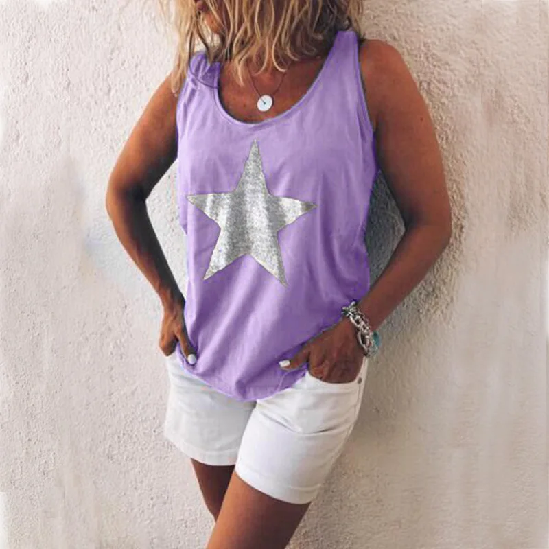 Новинка, модная женская футболка с блестками, v-образный вырез, пятиконечная звезда, топы, футболки для женщин, короткий рукав, для улицы, для девушек, плюс размер, код S-5XL - Цвет: VEST Purple