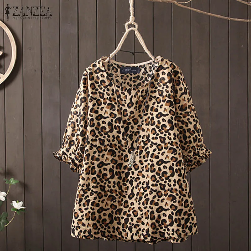 ZANZEA 2019 Women Blouse Autumn Summer Shirt Half Sleeve O Neck Floral Printed Tops Leopared Tunic Blusas Plus Size Chemise Tee