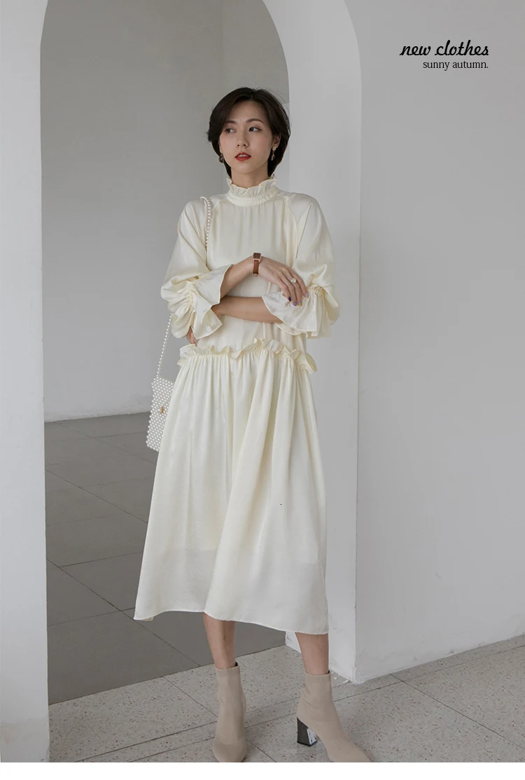 Stand Collar Women Dress Korean Style Solid Color Cotton Ladies Dress Autumn and Winter New Women Clothing L946