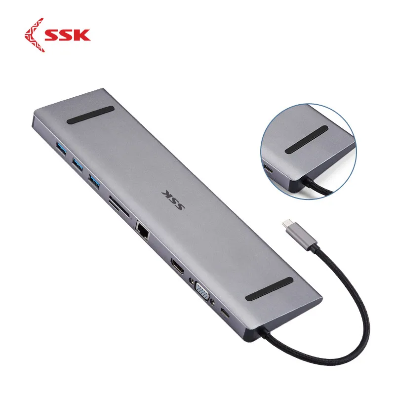SSK usb-хаб Тип-концентратор к USB 3,0 VGA HDMI, VGA SD/TF карты φ3. 5 аудио Gigabit RJ45 Ethernet USB 3,1 GEN1 стандарт для ноутбук планшеты