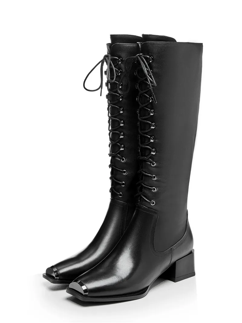 black cow leather MEMUNIA/ г., сапоги до колена женские модные мотоциклетные сапоги из натуральной кожи с металлическим носком женская обувь на квадратном каблуке со шнуровкой - Цвет: black cow leather