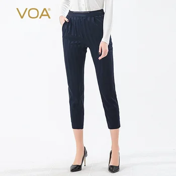 

VOA 100% Silk two-color optional classic striped oblique slip pocket fashion simple nine points Harem pants women KJ153