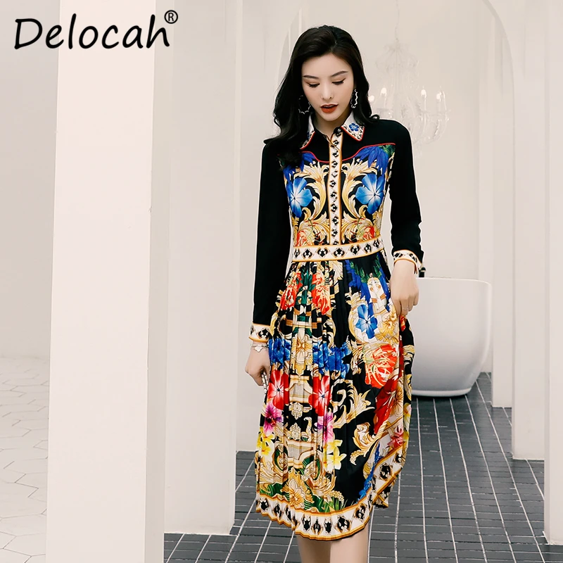Delocah, женское платье, весна-лето, подиумное, модное, дизайнерское, с длинным рукавом, простое, на пуговицах, с принтом, элегантное, плиссированное, женские платья