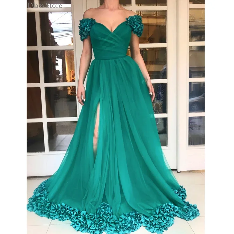 

Drak Green Prom Dresses Off Shoulder V-neck A-line Flowers Simple Floor Length Short Sleeves Evening Dress