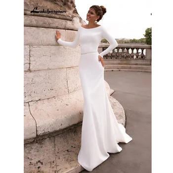 

Simple Satin Mermaid wedding dress 2020 long Sleeves Elegant bridal gown vestidos de novia robe de mariee