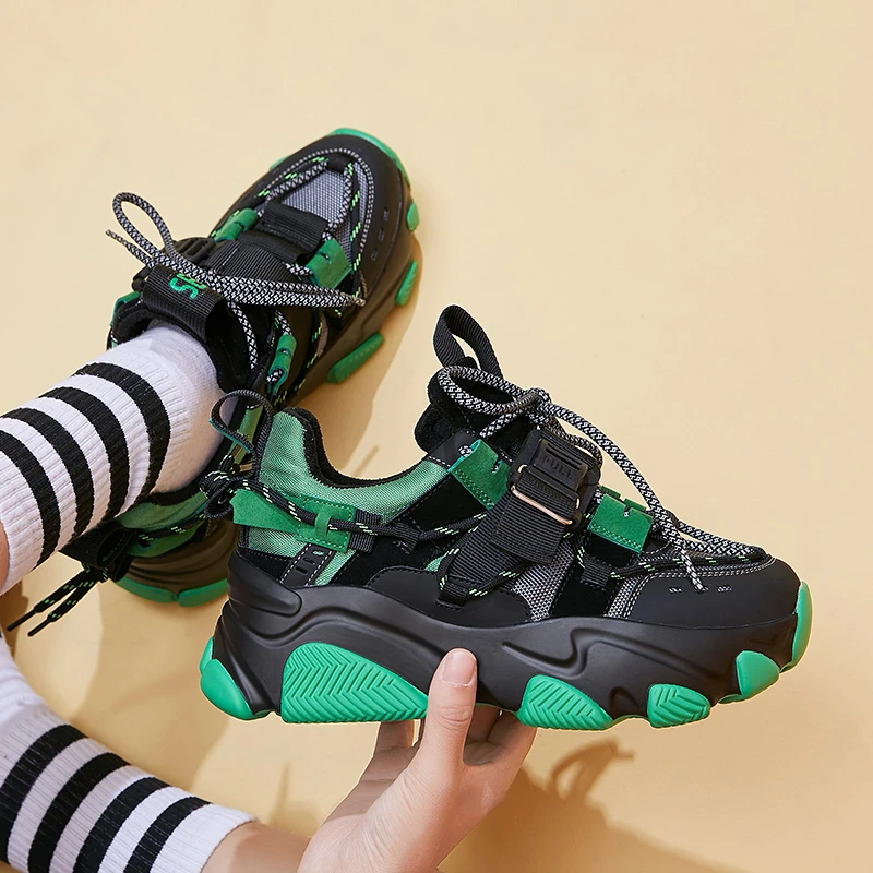 Cena RASMEUP prawdziwej skóry siatki kobiet Chunky Sneakers 2019 moda marka styl kobiety platformy buty tenisówki na co dzień pani obuwie