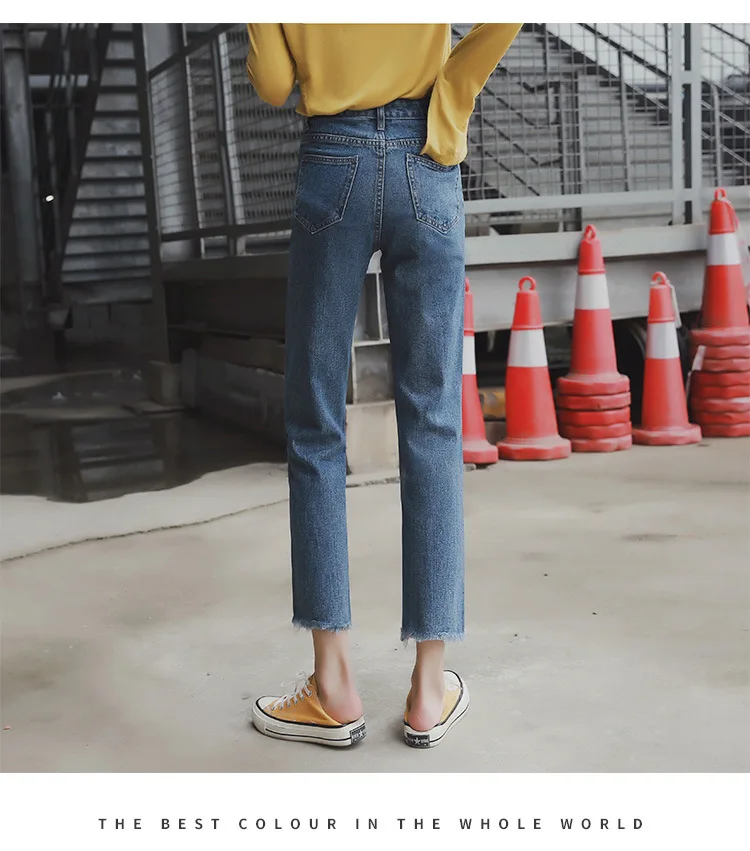 Spring New Jeans Women Streetwear Light Blue Skinny Pants Stretch Destroyed High Waist Frayed Straight Jeans