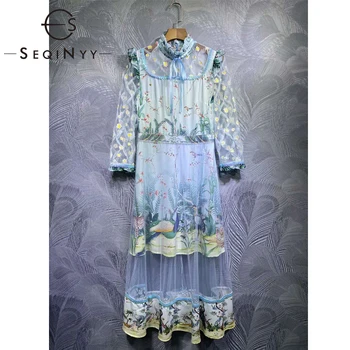 

SEQINYY Blue Midi Dress 2020 Summer Spring New Fashion Design Women Sequined Flower Print Mesh Ruffles Runway Dress