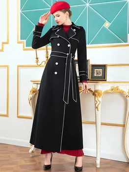 

2020 Autumn Winter Black White Trench Coat for Office Lady Adjustable Waist Sashes Double Breasted Long Coat Outwear DZ1240
