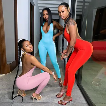 

Backless Halter Jumpsuit 2020 Sexy Women Deep V-neck Off Shoulder Rompers One-piece Clubwear Streetwear Bodycon Sports Jumpsuit