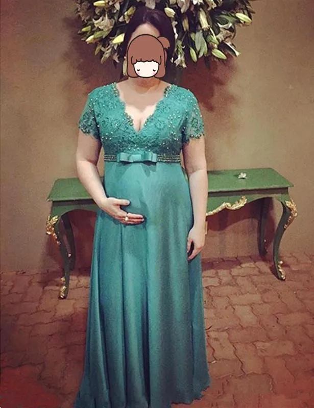 Vestido de madrinha, кружевные платья для матери невесты с коротким рукавом и бантом, расшитые бисером, v-образный вырез, вечерние платья для беременных размера плюс - Цвет: same as picture