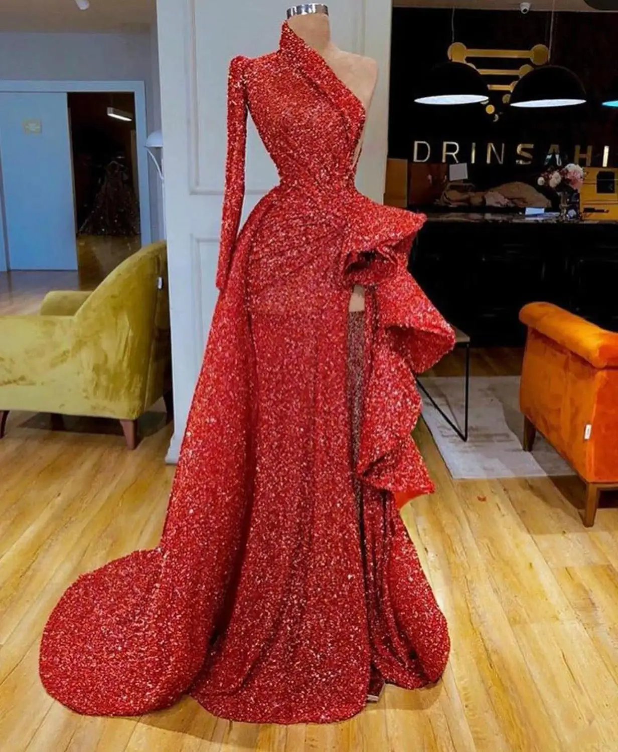Robe de soiree платье на одно плечо Красные официальные платья для выпускного вечера с блестками вечернее Пышное Платье с высоким разрезом специальные праздничные платья
