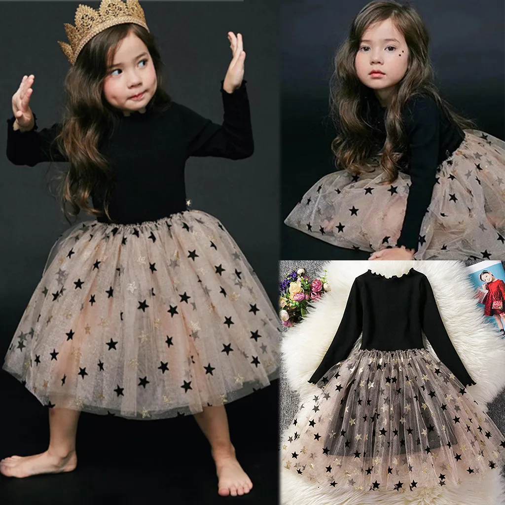 

dress girl Toddler Baby Girls Long Sleeve Ruffles Sequin Star Print Tulle Dress Clothes vestido de festa infantil