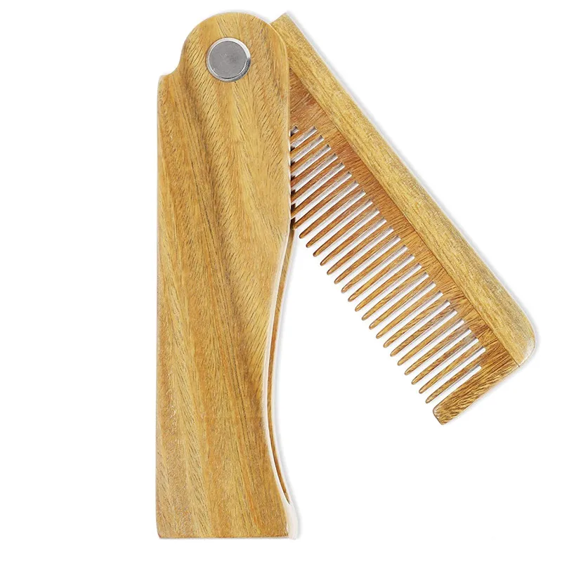 Men\'s Wooden Brush Comb Natural Sandalwood Fine Tooth Folding Hair Beard Portable Mustache Styling Tools Pocket Comb Waves Brush